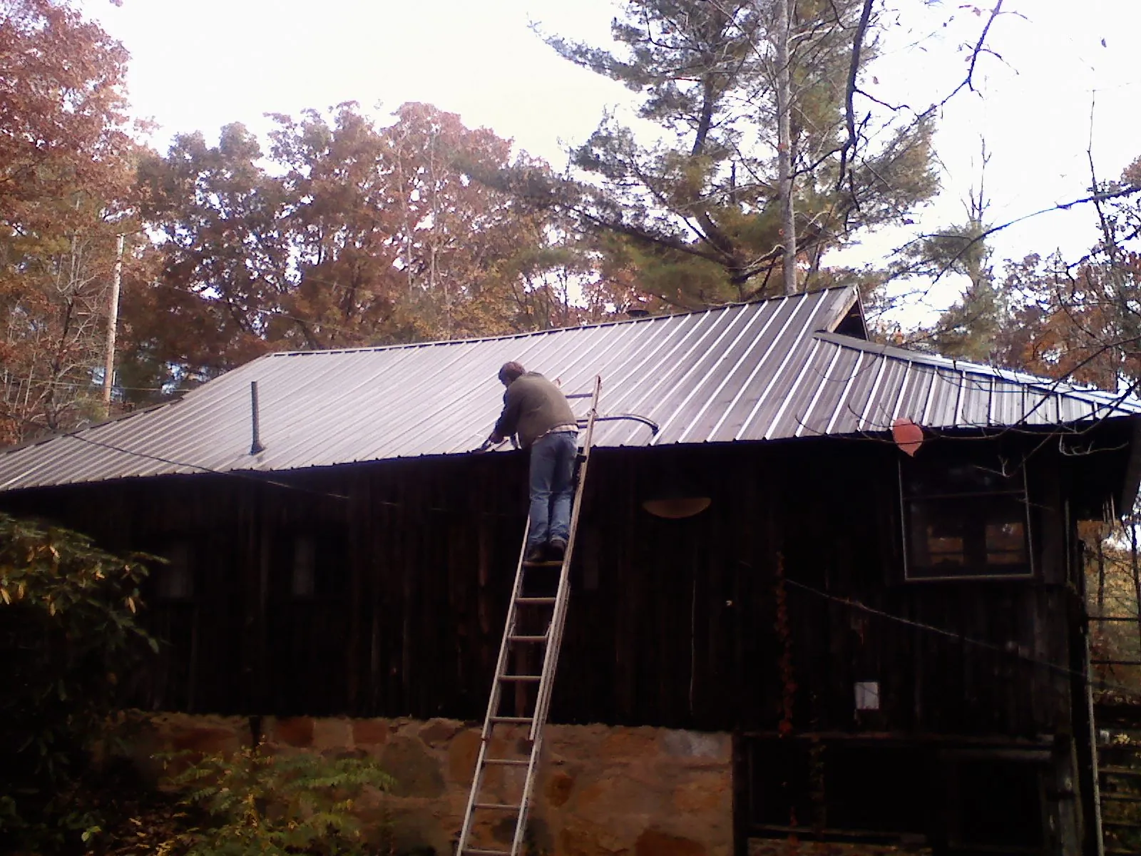 Roofer on a ladder working along the edge of a cabin metal roof in Richmond Dale