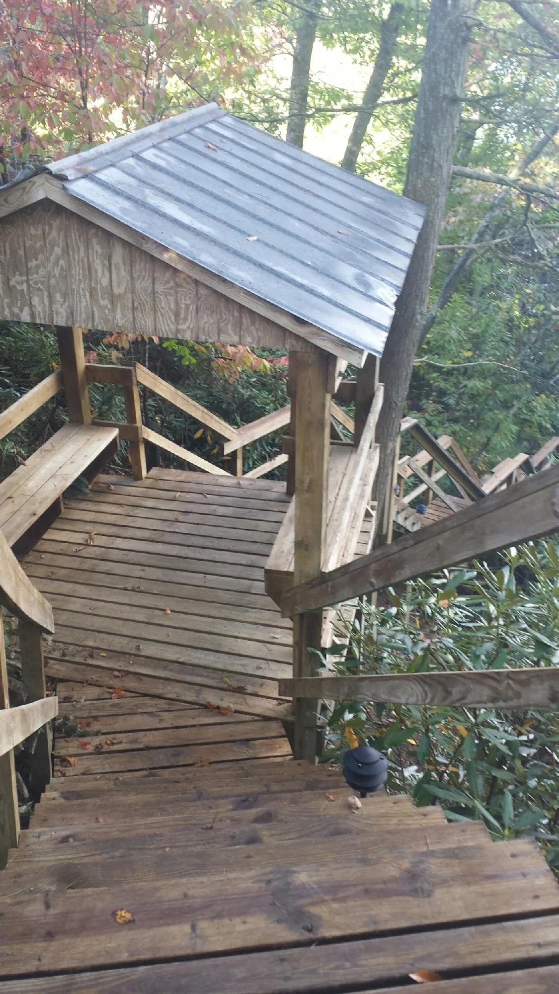 Metal roofed shelter over wooden steps on a wooded walkway — Skylight Repair & Installation work by our crew in Richmond Dale